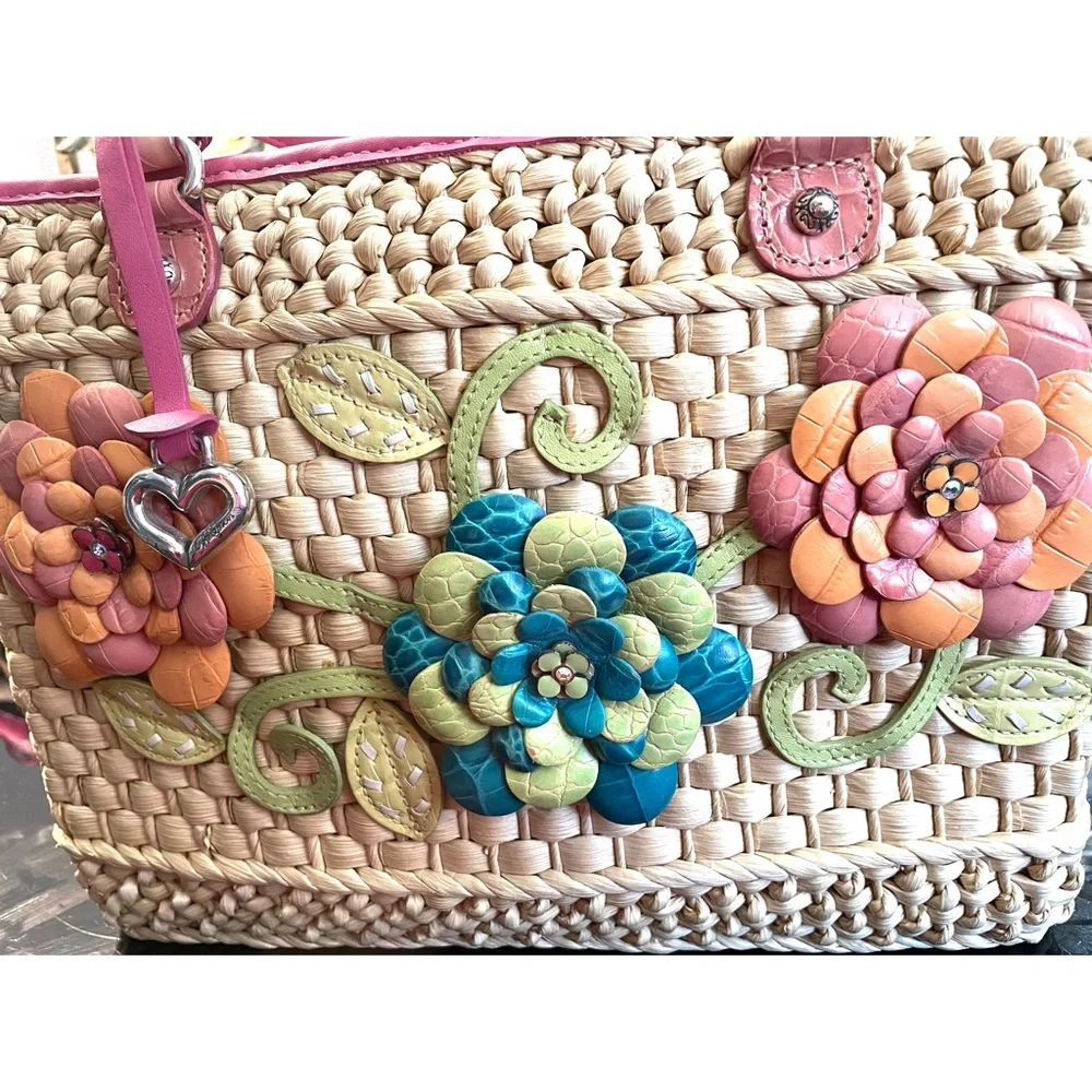 Brighton Straw Tote with Pink Trim and Multicolor Floral Appliques